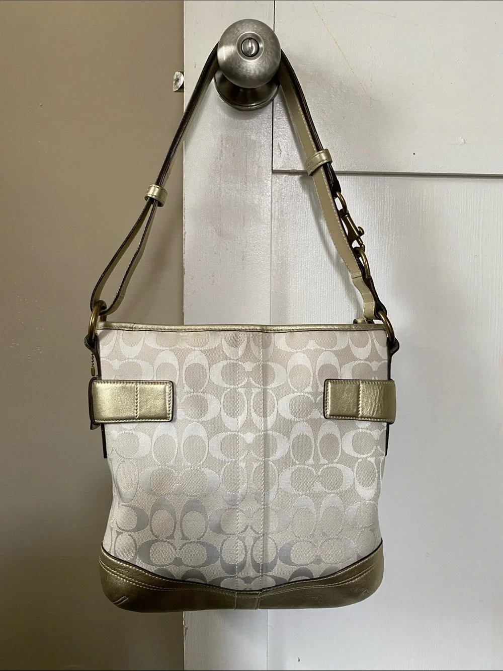 Coach Soho Signature Shoulder Bag with Cream monogram & Gold Metallic Trim